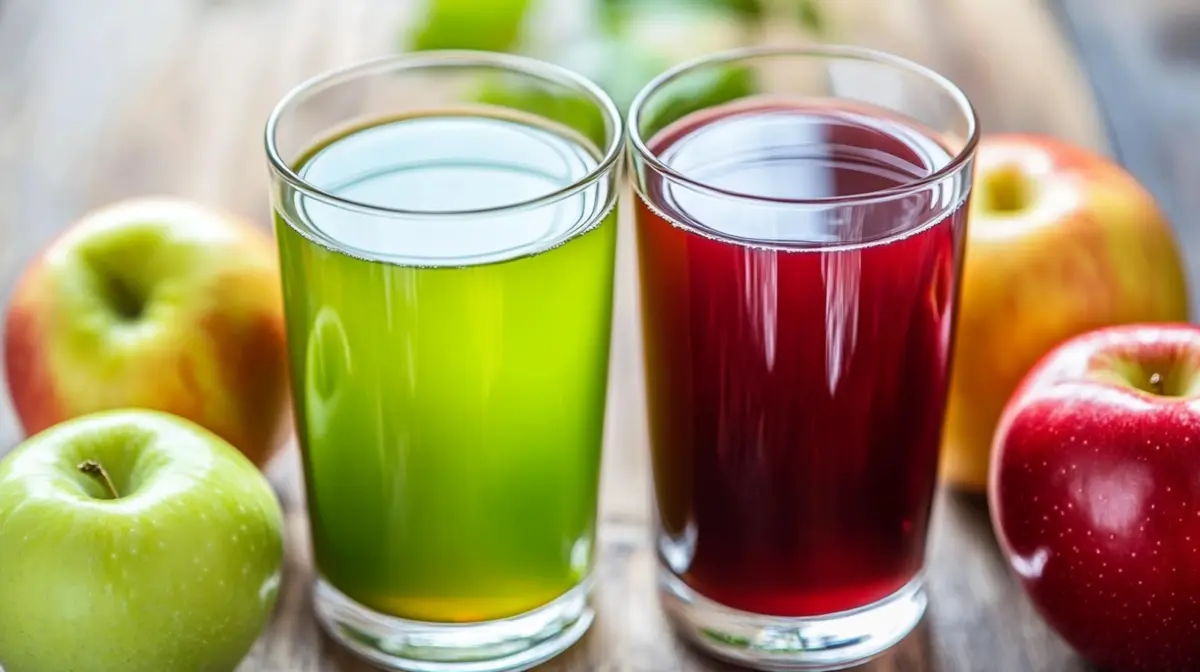 A glass of cloudy organic apple juice surrounded by fresh apples on a wooden table.