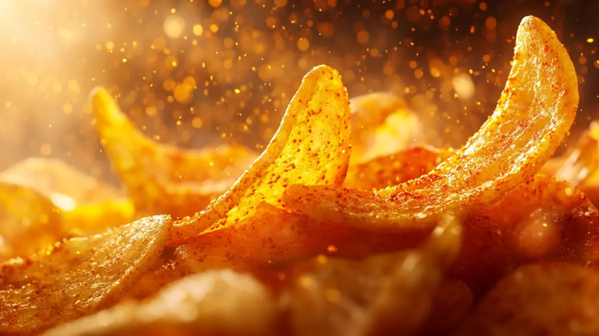 Close-up of spicy chips with chili seasoning.