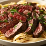 A delicious plate of steak with creamy pasta topped with fresh herbs.