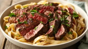 A delicious plate of steak with creamy pasta topped with fresh herbs.