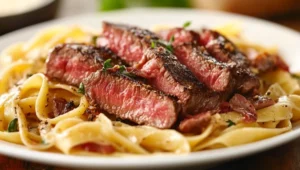 A plate of creamy pasta topped with grilled steak slices