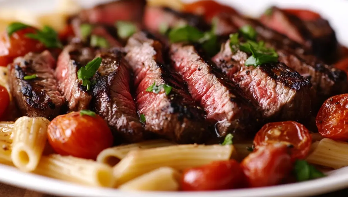 A plate of ribeye steak slices served over creamy fettuccine pasta.