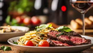 A plate of garlic bread, Caesar salad, and roasted vegetables served alongside a pasta dish