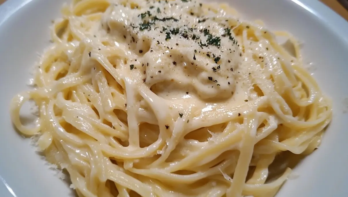 Plate of creamy cream cheese pasta garnished with parmesan and black pepper