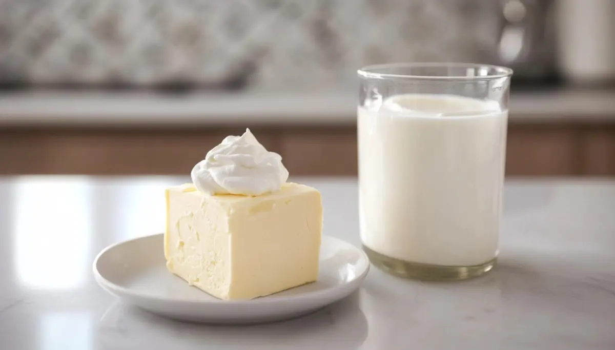 Cream cheese and heavy cream side by side for a nutritional comparison.