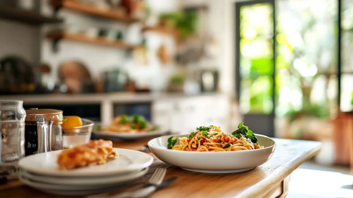 Creamy pasta with substitute for heavy cream, garnished with herbs.