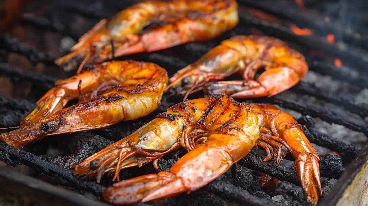 Plate of barbecue shrimp with sides of grits and bread.