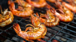 Shrimp cooking on a grill with shells on, showing char marks.