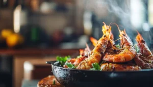 Shrimp marinating in a bowl with garlic and herbs.