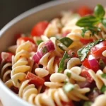 Colorful pasta salad with vegetables, herbs, and dressing on a white plate