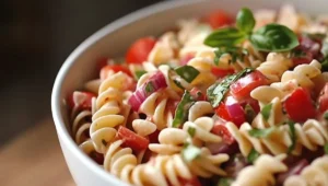 Colorful pasta salad with vegetables, herbs, and dressing on a white plate