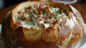 Clam chowder served in a toasted sourdough bread bowl.