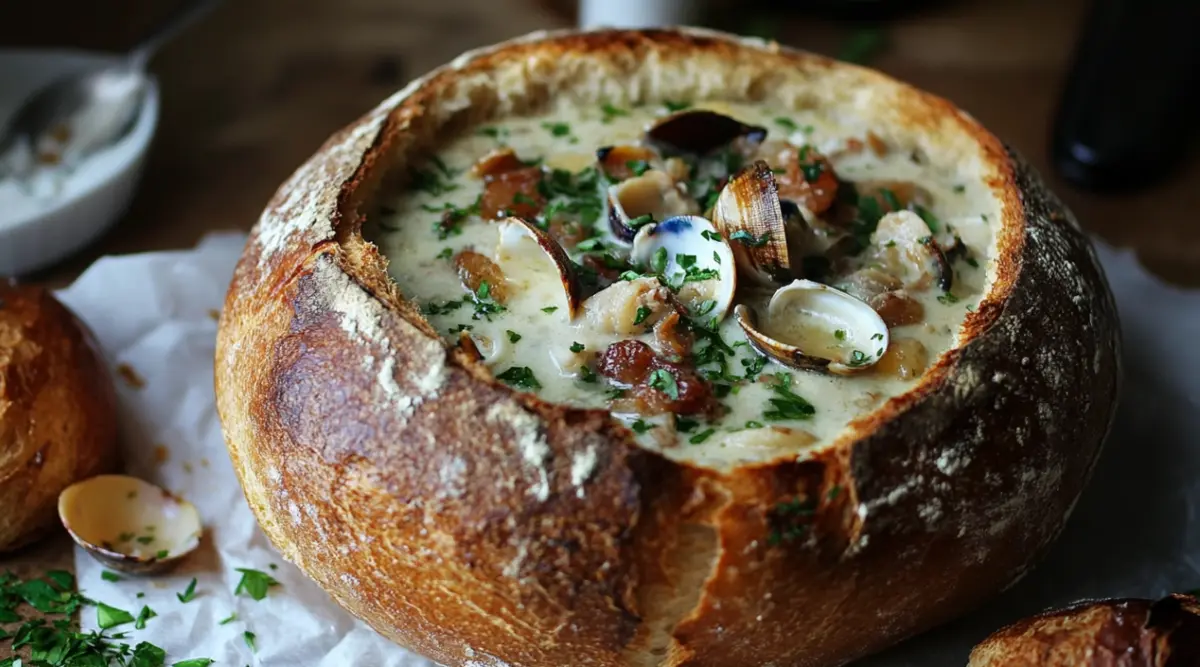 Crusty sourdough bread served alongside a bowl of clam chowder.