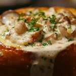 Clam chowder served in a crispy sourdough bread bowl.