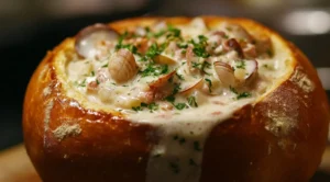 Clam chowder served in a crispy sourdough bread bowl.