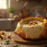 Crusty sourdough bread served alongside a bowl of clam chowder.