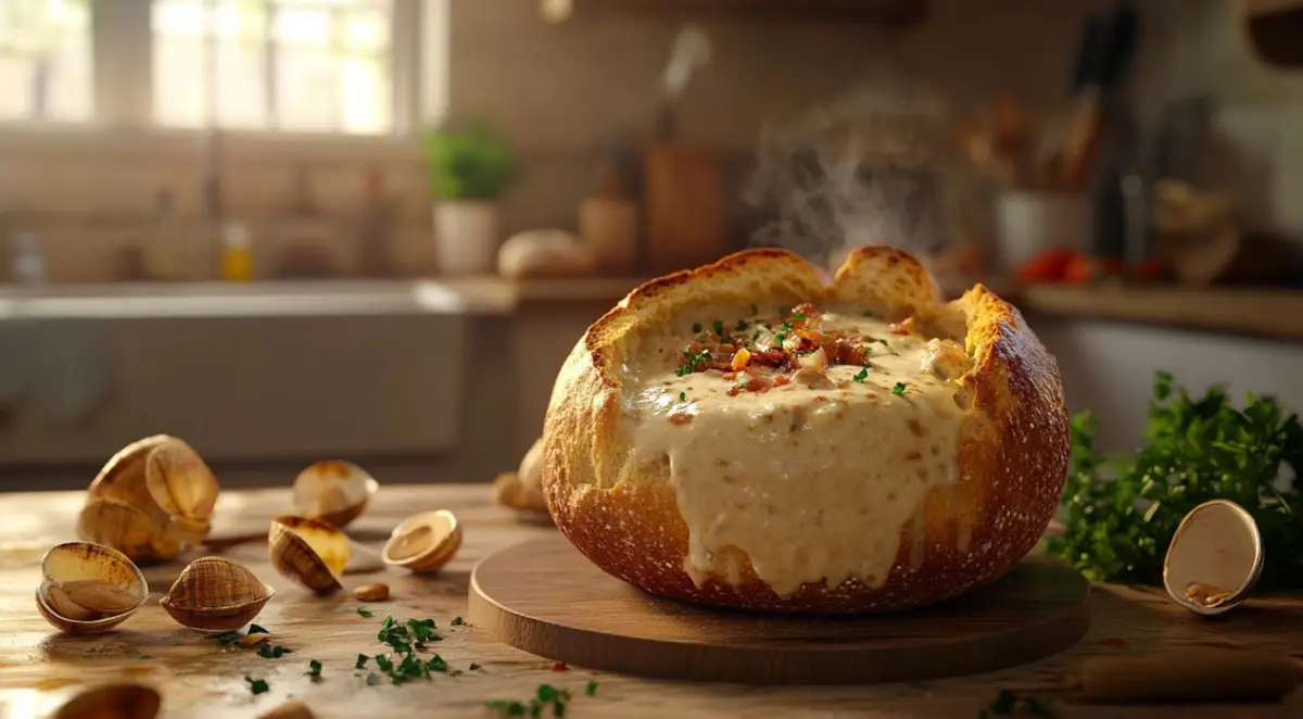 Crusty sourdough bread served alongside a bowl of clam chowder.