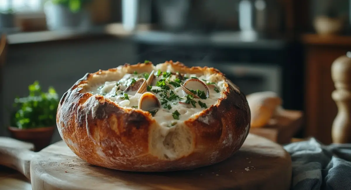 New England clam chowder and Boston clam chowder bowls side by side.